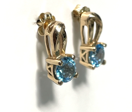 9ct Gold Stud Earrings Round Blue Topaz Stones Ribbon Cross Over Crossover
