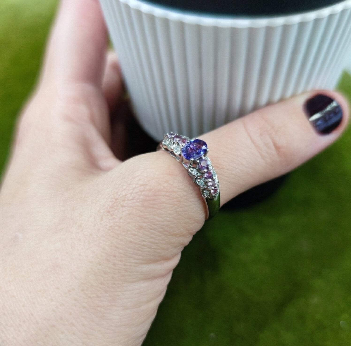 9ct White Gold Ring Amethyst and Diamond Solid Band Hallmark Size S
