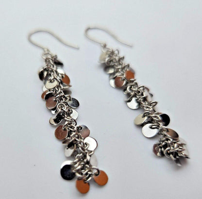 925 Sterling Silver Sequin Dangle Earrings Hallmarked Hook Drop Disc Statement