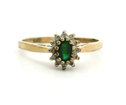 9ct Gold Ring Emerald Diamond Gemstones Size S Hallmarked 1.9g Halo Setting