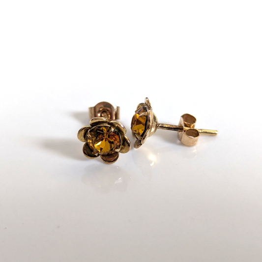 9ct Gold Stud Earrings Orange Cubic Zirconia Stones Hallmarked Butterfly Backs