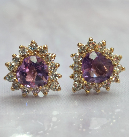 9ct Yellow Gold Stud Earrings Amethyst Stones Push Backs Size: 10mm x 15mm