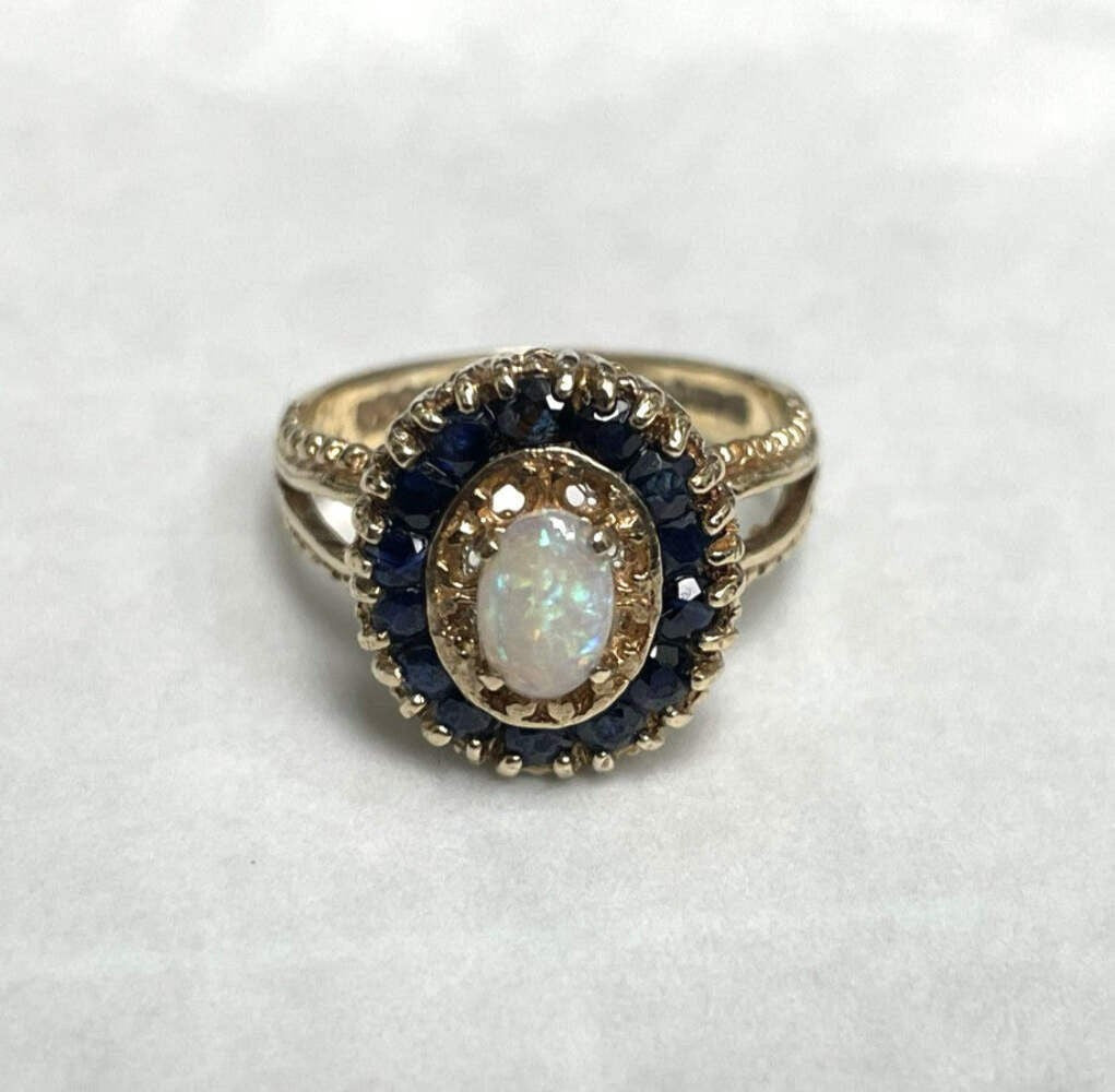 9ct Gold Ring Opal and Sapphire Solid Band Hallmark Size K
