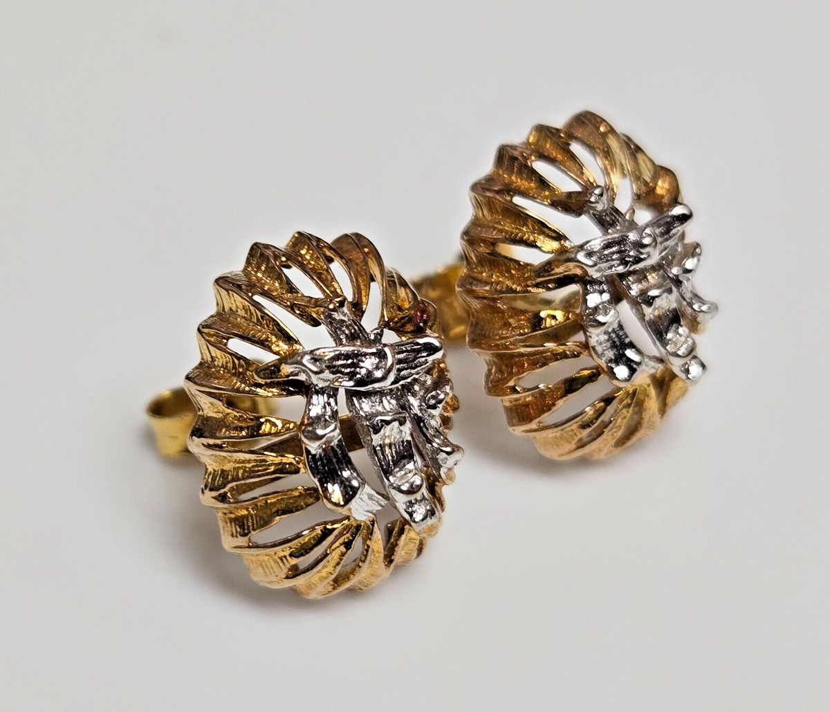 9ct Yellow White Gold Stud Earrings Two Tone Raised Textured Pattern Butterfly